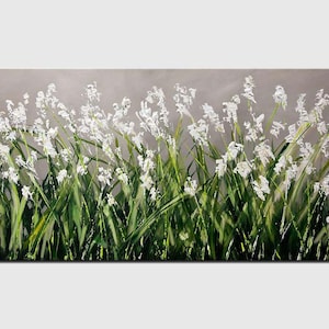 May include: Abstract painting of a field of white flowers with green stems and leaves against a gray background.