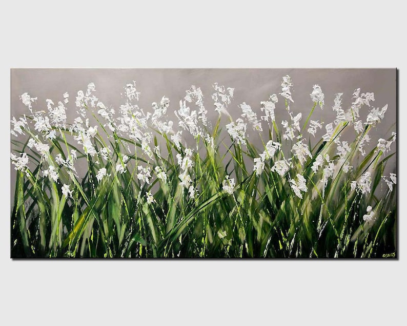 May include: Abstract painting of a field of white flowers with green stems and leaves against a gray background.