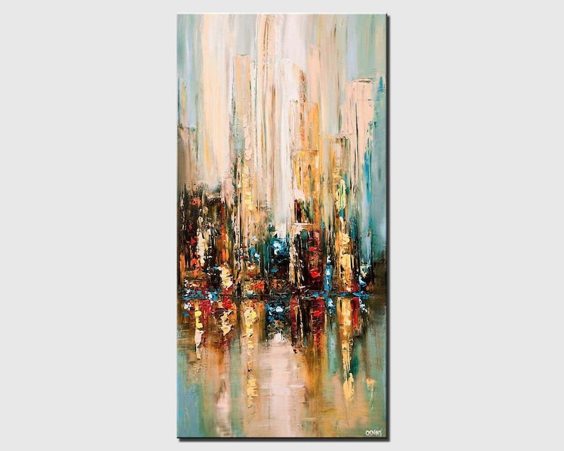 May include: Abstract painting of a city skyline with tall buildings reflected in water. The painting is done in shades of blue, green, yellow, and brown.