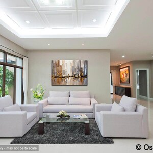 May include: A modern living room with white couches and a coffee table. A large abstract painting of a city skyline in shades of gray, brown, and white hangs on the wall.