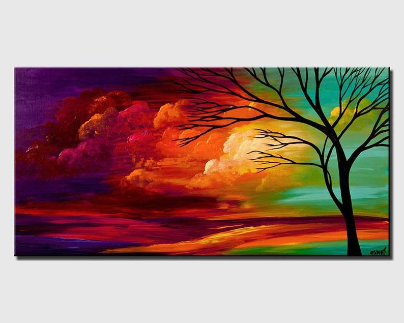 May include: Abstract painting of a silhouetted tree against a colorful sunset sky. The sky is a mix of purple, red, orange, and yellow. The tree is black and has many branches. The painting is done in a painterly style with visible brushstrokes.