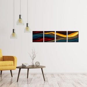 May include: A set of four abstract paintings with a modern design. The paintings feature a series of wavy lines in shades of red, yellow, blue, and brown. The paintings are hung on a white wall above a yellow armchair and a wooden coffee table.