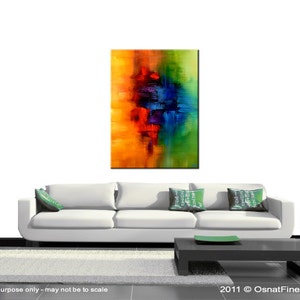 May include: Abstract painting with a vibrant color palette of yellow, orange, red, blue, green, and purple. The colors are blended together in a fluid and dynamic way, creating a sense of movement and energy. The painting is framed and ready to hang.