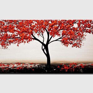 May include: Abstract painting of a red tree with a white background. The tree has a thick black trunk and branches with red leaves. The painting has a textured look.