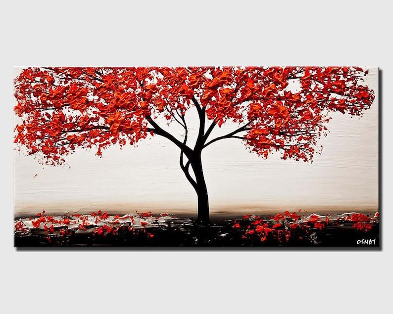 May include: Abstract painting of a red tree with a white background. The tree has a thick black trunk and branches with red leaves. The painting has a textured look.