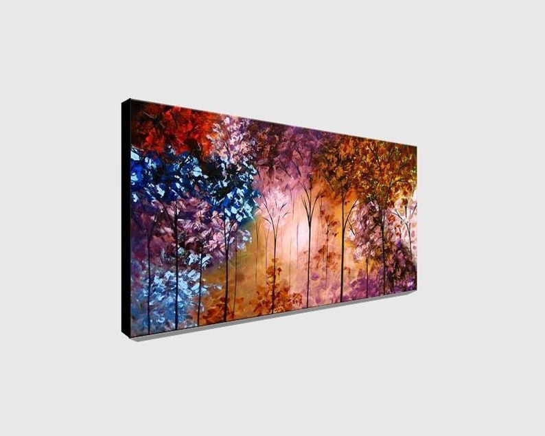 May include: Abstract painting of a forest with trees in shades of blue, purple, orange, and red. The trees are painted in a loose, expressive style, creating a sense of movement and energy.