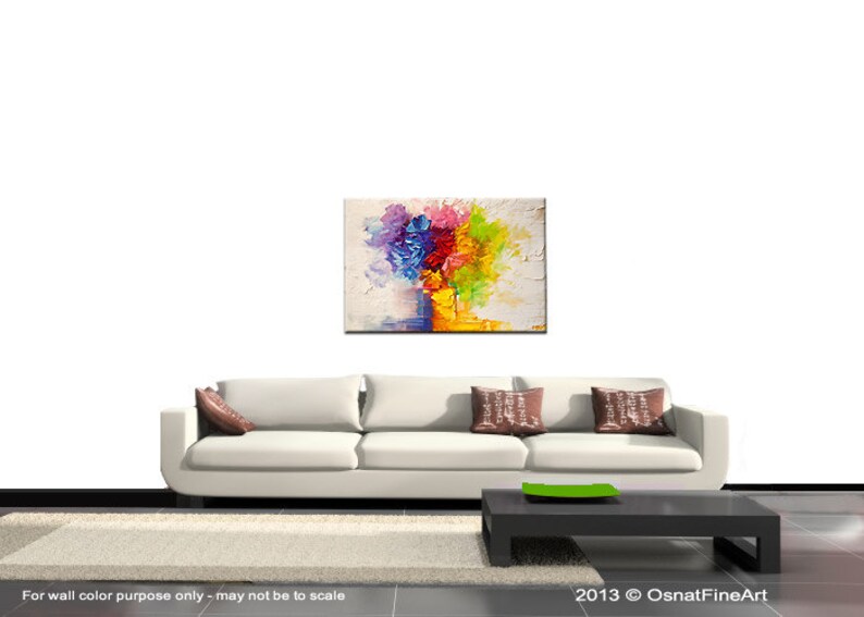 May include: Abstract painting of a colorful bouquet of flowers in a vase. The flowers are painted in shades of blue, purple, pink, red, yellow, and green. The background is white with a textured effect.
