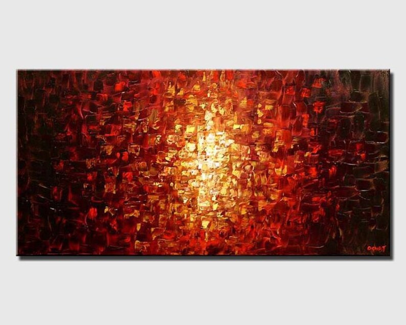 May include: Abstract painting with a bright yellow center surrounded by red and orange hues. The painting has a textured, brushstroke effect.