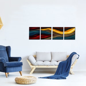 May include: A set of four abstract paintings with a modern design. The paintings are in shades of blue, red, yellow, and brown. The paintings are arranged in a row on a white wall.