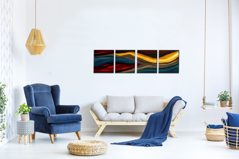May include: A set of four abstract paintings with a modern design. The paintings are in shades of blue, red, yellow, and brown. The paintings are arranged in a row on a white wall.
