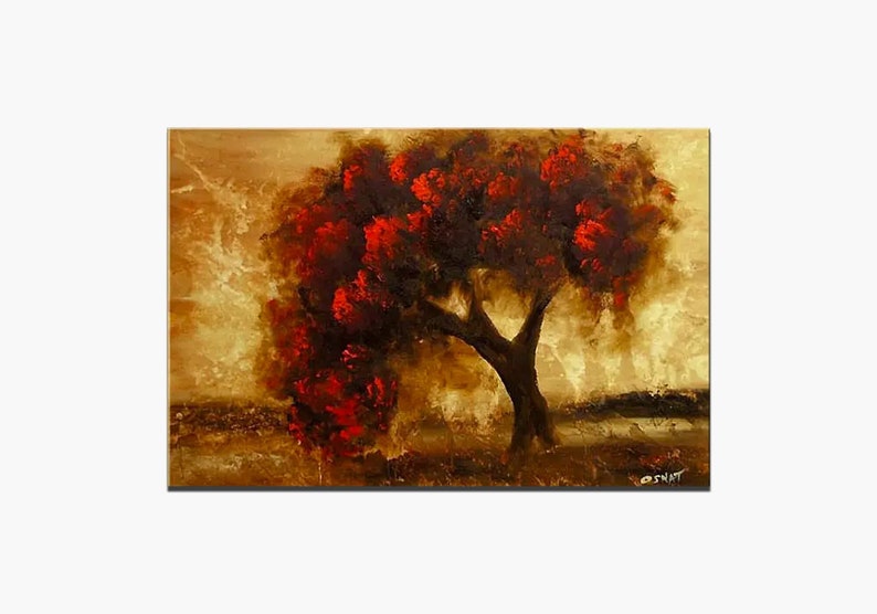 May include: Abstract painting of a red tree with a dark brown trunk against a gold background.