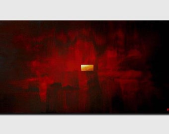 May include: Abstract painting with a dark red background and a small, bright gold rectangle in the center.