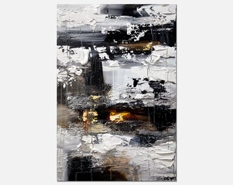 Grande peinture abstraite en noir et blanc : oeuvre d'art personnalisée minimaliste (20 x 30 po.)