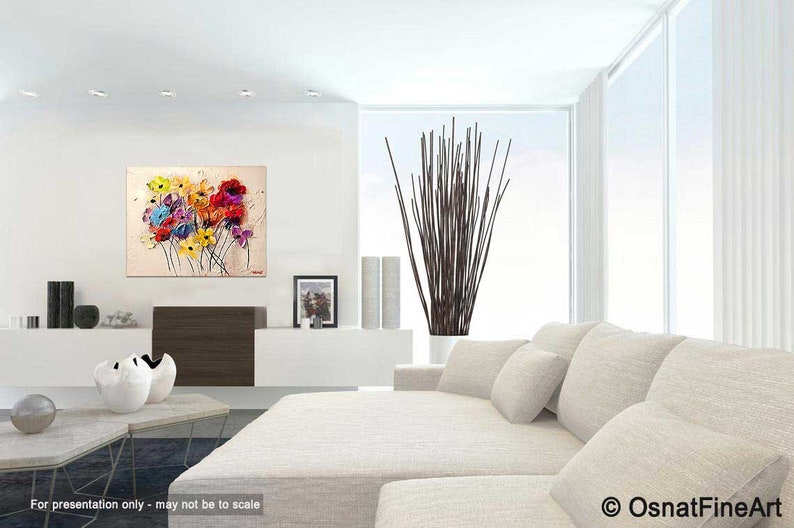 May include: A colorful abstract painting of a bouquet of flowers in shades of red, yellow, pink, blue, and green. The flowers are painted in a loose, expressive style, with visible brushstrokes. The background is a light beige color.