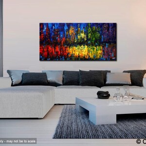 May include: Abstract painting with vibrant colors, including red, yellow, green, and blue, in a modern living room setting with a white sofa and a white coffee table.