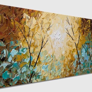 May include: Abstract painting of a forest scene with trees and leaves in shades of brown, yellow, and teal.