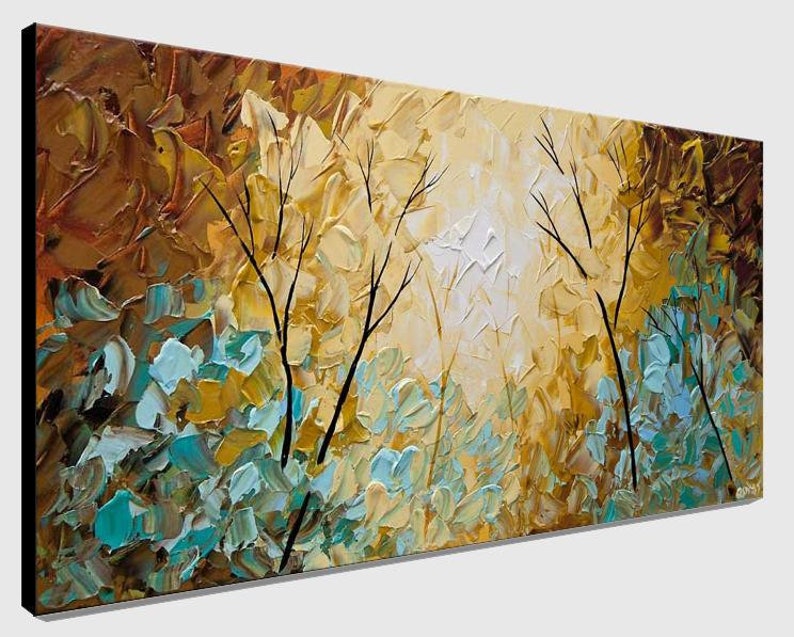 May include: Abstract painting of a forest scene with trees and leaves in shades of brown, yellow, and teal.