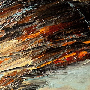 May include: Abstract painting with thick brushstrokes in shades of brown, orange, and blue. The paint is applied in a layered and textured style, creating a sense of depth and movement.