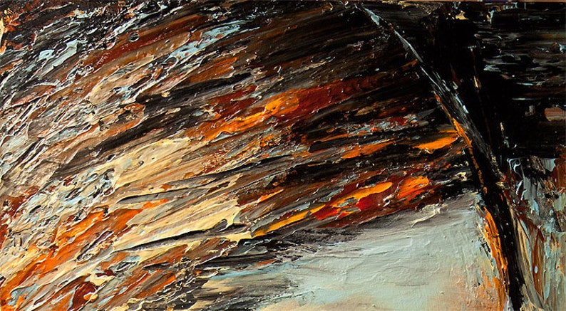 May include: Abstract painting with thick brushstrokes in shades of brown, orange, and blue. The paint is applied in a layered and textured style, creating a sense of depth and movement.