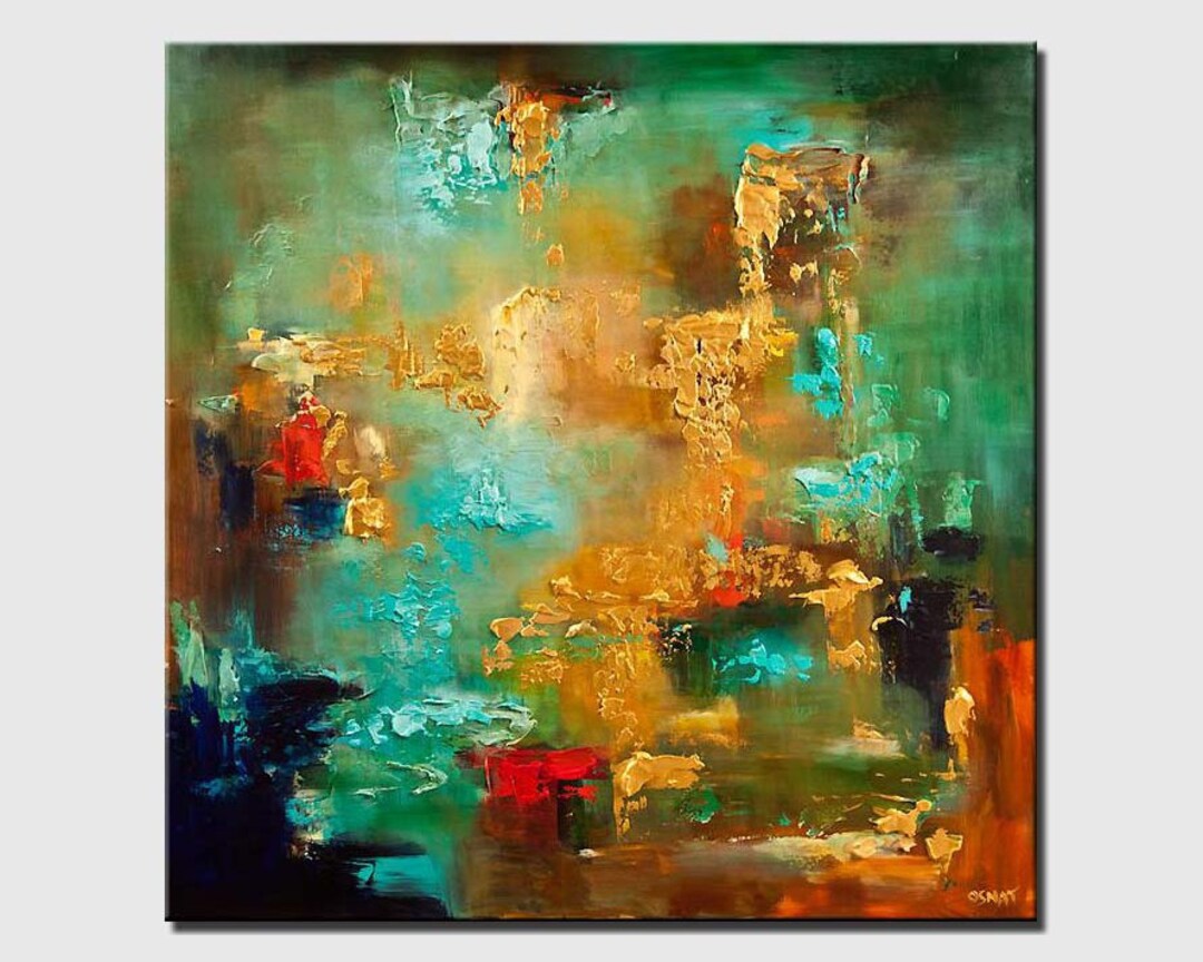 Turquoise Abstract Painting on Canvas Handmade Textured Turquoise Gold Wall Art Home Decor