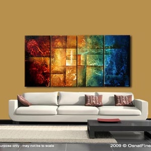 May include: Abstract painting with a geometric design in shades of red, orange, yellow, green, and blue. The painting is divided into squares and rectangles, creating a sense of depth and movement.
