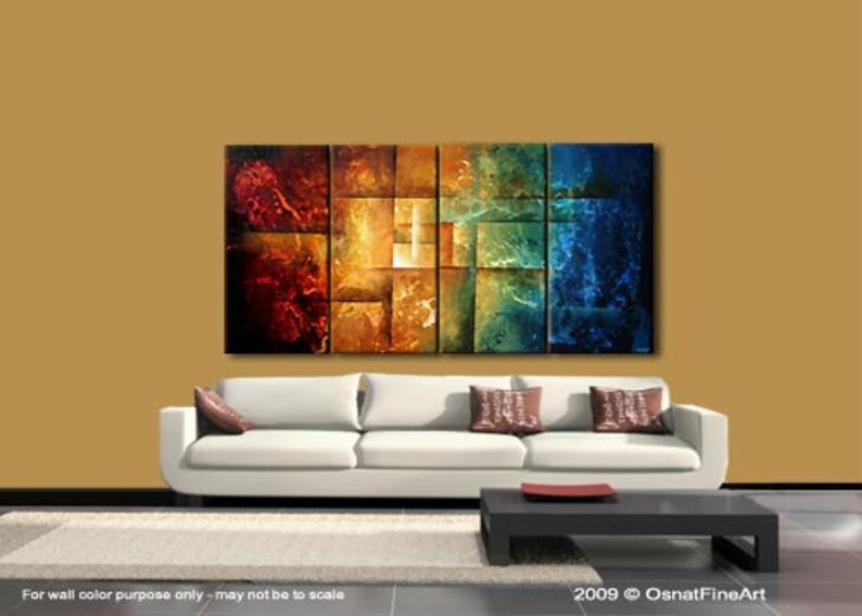 May include: Abstract painting with a geometric design in shades of red, orange, yellow, green, and blue. The painting is divided into squares and rectangles, creating a sense of depth and movement.