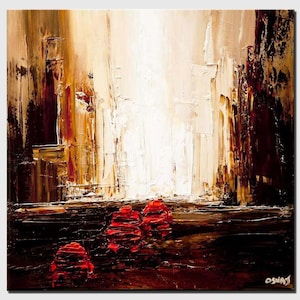 Textured City Oil Painting on Canvas: Neutral Abstract Wall Art, Custom Decor