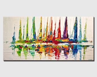 Sailboats Abstract Canvas Art Print: Palette Knife Embellished