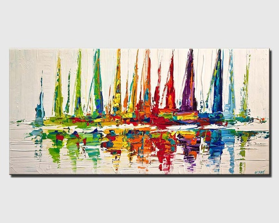 Sailboats Abstract Canvas Art Print: Palette Knife Embellished