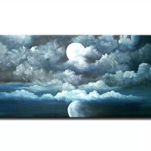 May include: A painting of a full moon shining through dark blue clouds. The moon is white and round, and the clouds are a mix of dark blue and light blue.