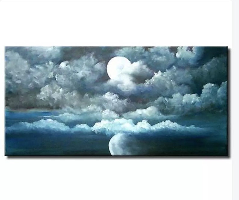 May include: A painting of a full moon shining through dark blue clouds. The moon is white and round, and the clouds are a mix of dark blue and light blue.