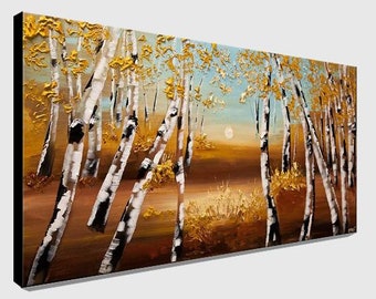 original birch tree painting on canvas, large textured abstract tree painting, landscape painting autumn home decor CUSTOM ART