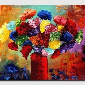 May include: An abstract painting of a vibrant bouquet of flowers in a red vase. The flowers are a mix of red, yellow, blue, green, and purple, with a textured, impressionistic style. The background has a blend of orange, green, and purple hues.