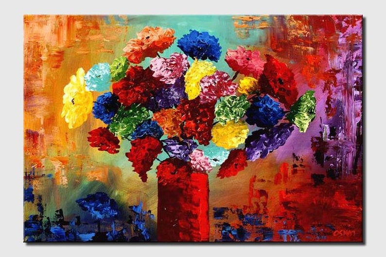 May include: An abstract painting of a vibrant bouquet of flowers in a red vase. The flowers are a mix of red, yellow, blue, green, and purple, with a textured, impressionistic style. The background has a blend of orange, green, and purple hues.