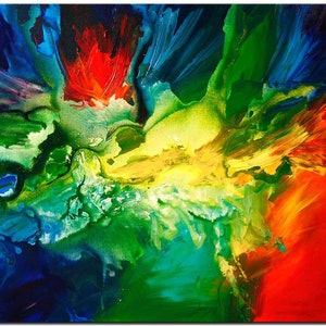 May include: Abstract painting with vibrant colors, including red, yellow, green, and blue. The colors are blended and swirled together, creating a dynamic and energetic composition.