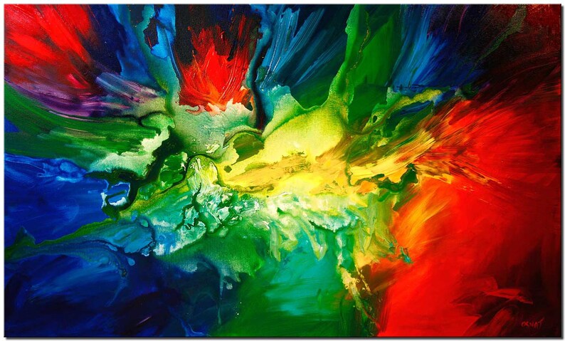 May include: Abstract painting with vibrant colors, including red, yellow, green, and blue. The colors are blended and swirled together, creating a dynamic and energetic composition.