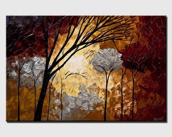 Original Landscape Painting Blooming Trees in earth tone colors, Textured Abstract Forest Art, Living Room Wall Art  - CUSTOM ART
