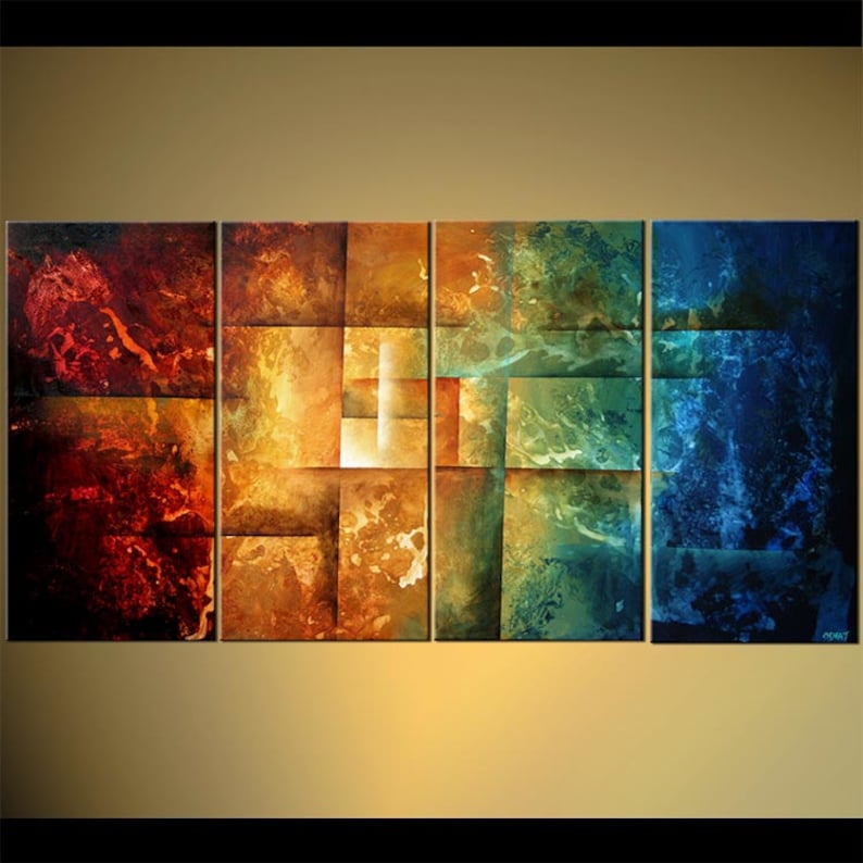 May include: Abstract art painting with a multi-panel design. The painting features a mix of red, orange, yellow, green, and blue colors. The colors are blended together to create a flowing, abstract design.