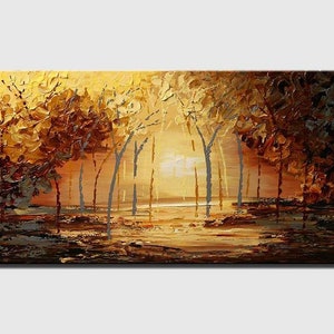 May include: Abstract painting of a forest scene with trees in shades of brown, gold, and gray. The trees are silhouetted against a golden sunset sky. The painting has a textured, brushstroke effect.