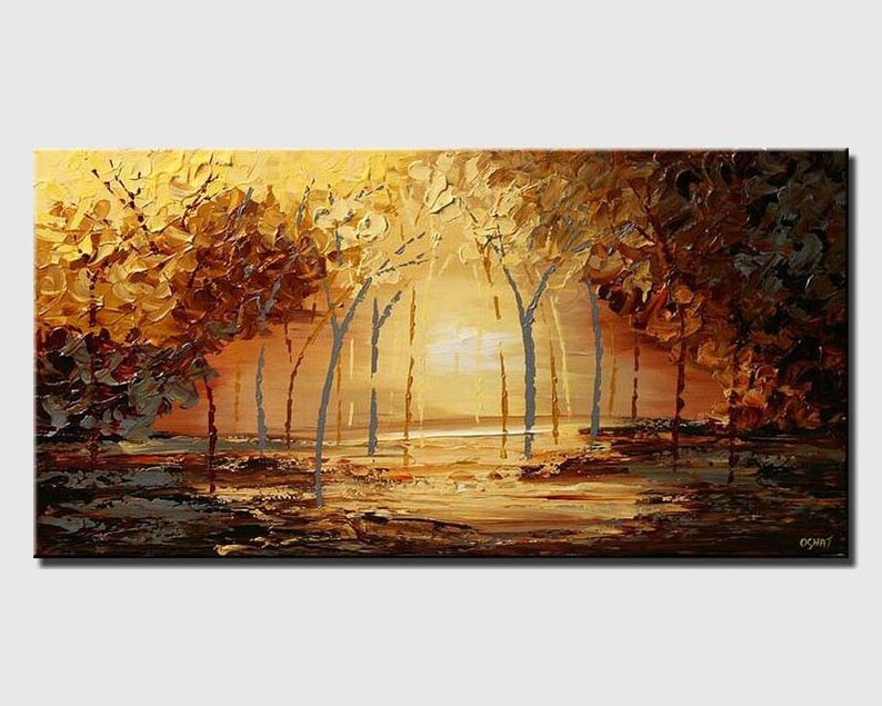 May include: Abstract painting of a forest scene with trees in shades of brown, gold, and gray. The trees are silhouetted against a golden sunset sky. The painting has a textured, brushstroke effect.