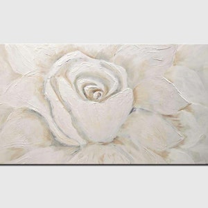 May include: A white rose painted in a textured style with subtle hints of beige and cream. The rose is the main focus of the painting, with its petals overlapping and creating a sense of depth.