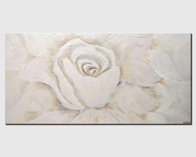 May include: A white rose painted in a textured style with subtle hints of beige and cream. The rose is the main focus of the painting, with its petals overlapping and creating a sense of depth.
