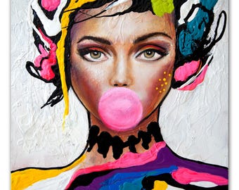 Pop Art Woman Face Giclée Print on Canvas: Embellished Street Art by Osnat