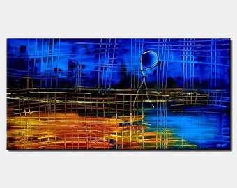 Blue Abstract Painting on Canvas Modern Blue Wall art living room home painting  - CUSTOM ART