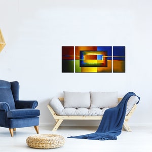May include: Abstract art print with a multi-panel design. The print features a geometric pattern of squares and rectangles in shades of blue, green, yellow, and orange.