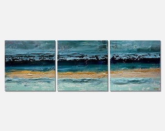 Pintura abstracta verde azulado: arte mural texturizado original