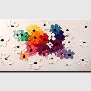 May include: Abstract painting of a colorful bouquet of flowers in shades of red, orange, yellow, green, blue, purple, and white. The flowers are painted in a thick, textured style, giving the painting a three-dimensional effect.