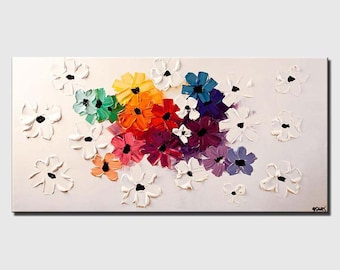 Textured Floral Painting on Canvas: Colorful 3D Flower Art