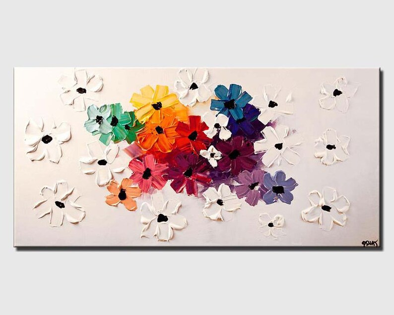 May include: Abstract painting of a colorful bouquet of flowers in shades of red, orange, yellow, green, blue, purple, and white. The flowers are painted in a thick, textured style, giving the painting a three-dimensional effect.