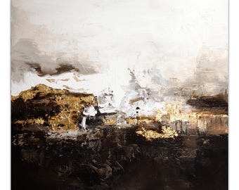 Textured Abstract Painting – Black, White, and Gold Leaf Art